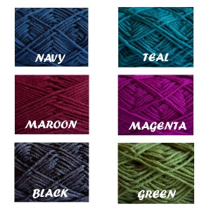 An image of six different yarns. Navy, teal, maroon, magenta, black and green.
